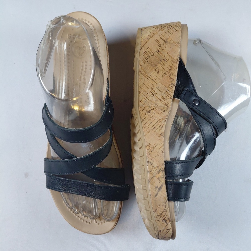 Crocs Wedge Sandals 11847 Size 8 A-Leigh Cork Black Leather Boho Slide - Picture 2 of 9
